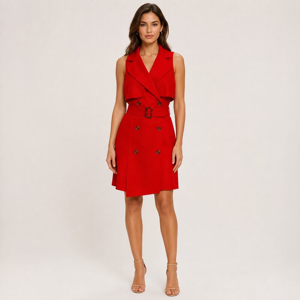Red Trench Dress Sleeveless Belted Double Breasted Joseph Ribkoff US 10 M -